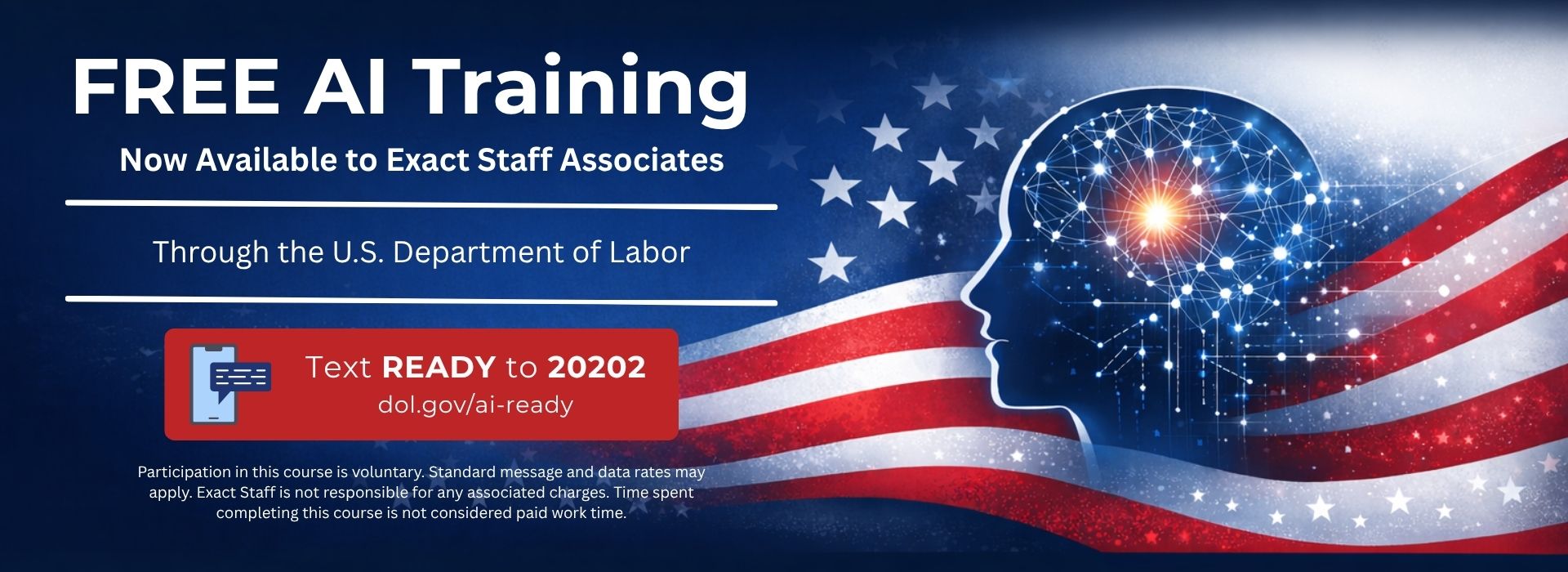Promotional banner: Free AI training for Exact Staff associates through the U.S. Department of Labor. Tap to open messages with READY ready to send to 20202.